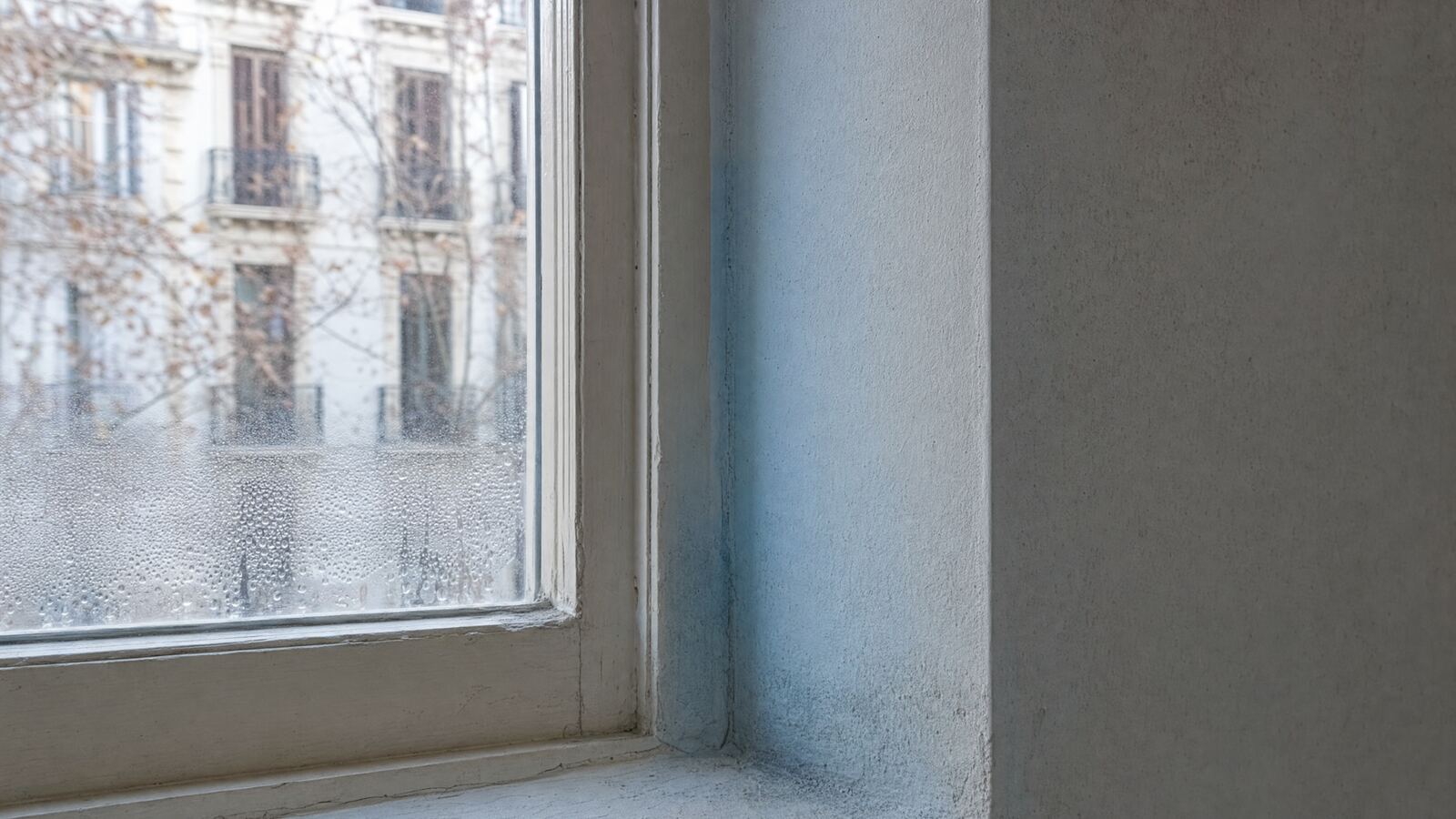 Encuentro entre ventana y pared exterior con gotas de condensación en el cristal y una franja más fría marcada en azul en el marco y la esquina.